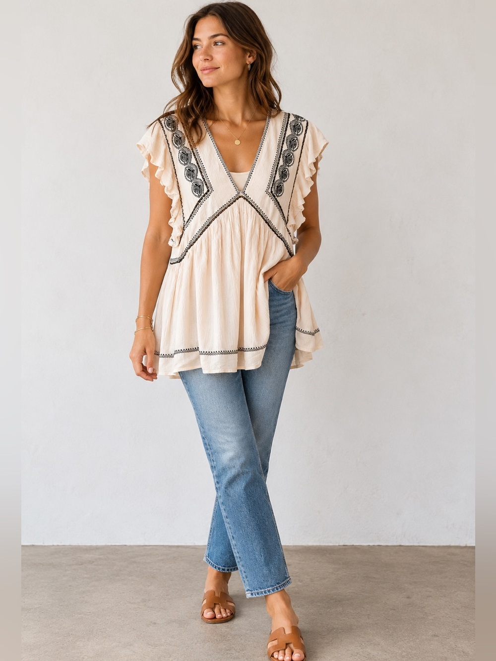 Free People Boho Embroidered V-Neck Flutter Sleeve Peach Tunic Top M